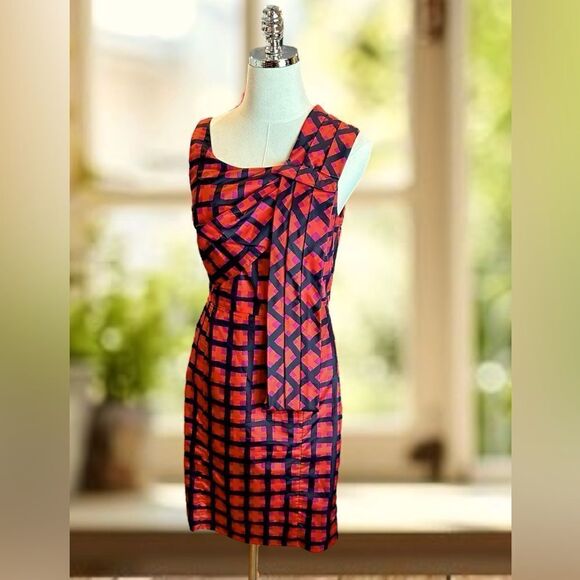 🔥 Marc by Marc Jacobs 100% Silk Sash Red Check Cocktail Dress Size 2 - Picture 2 of 13